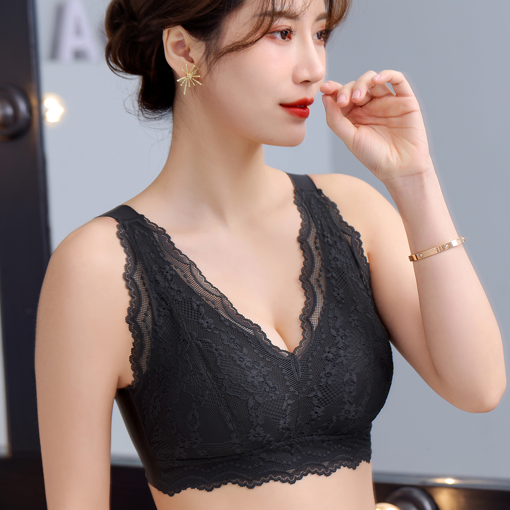 Floral Scalloped Lace V-Neck Jelly Glue Support Wireless Bra