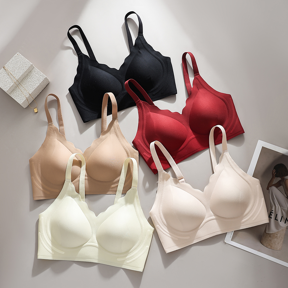 Wavy Scallop Neck Vertical Rib Jelly Glue Support Seamless Wireless Bra