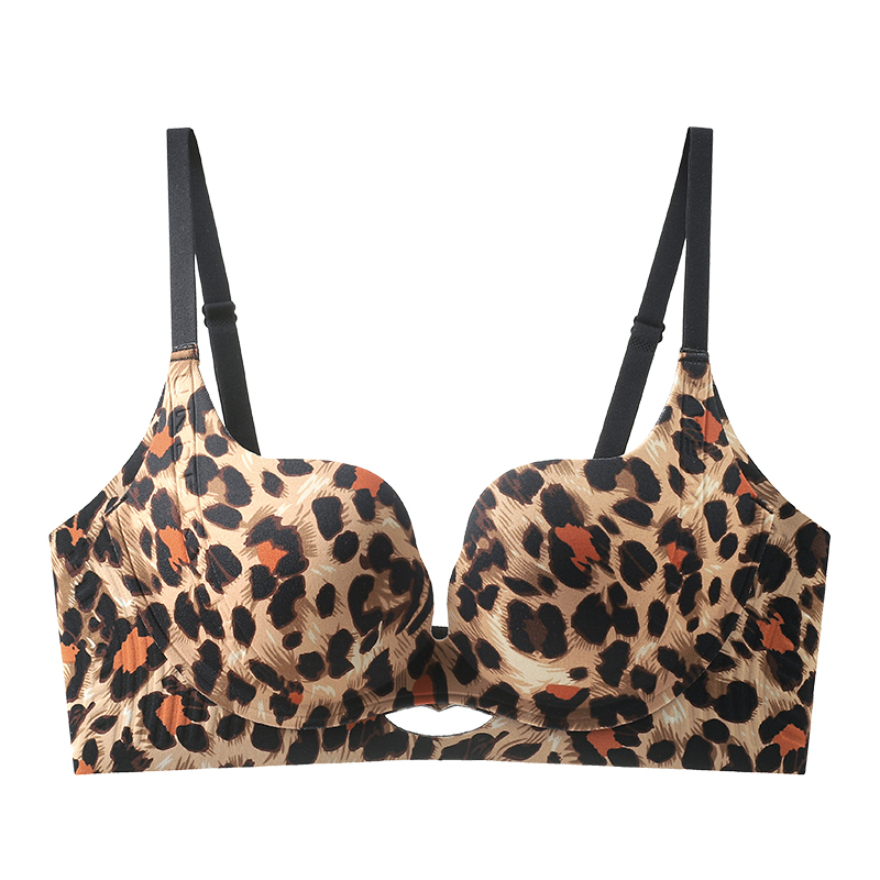 Center Hollow Breathable Thin Strap Leopard Print Jelly Glue Support Seamless Wireless Bra