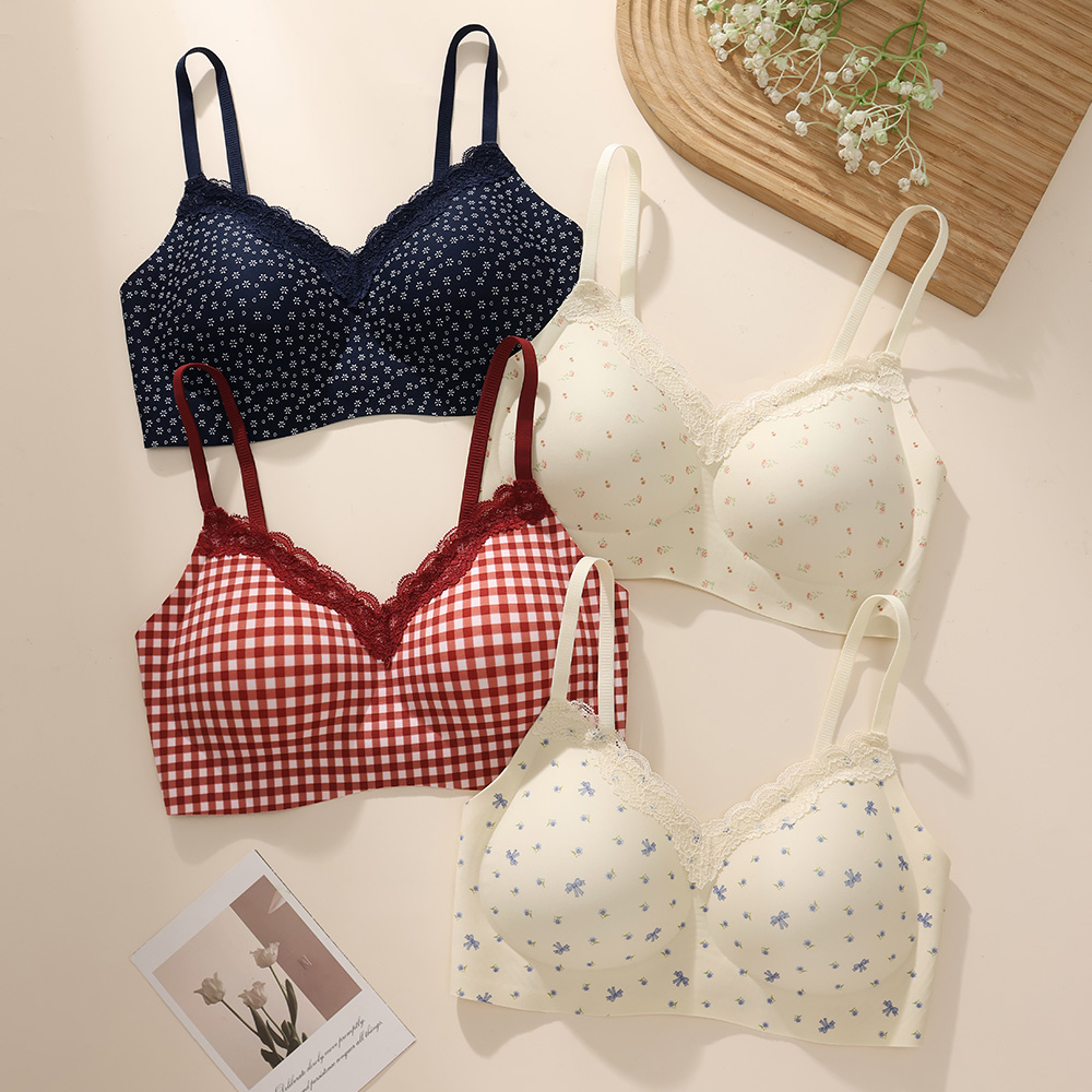 Lace Wavy V-Neck Cute Printed Jelly Glue Support Seamless Wireless Bra