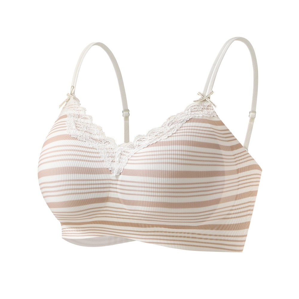 Lace Scallop V-Neck Striped Double Thin Strap Jelly Glue Support Seamless Wireless Bra